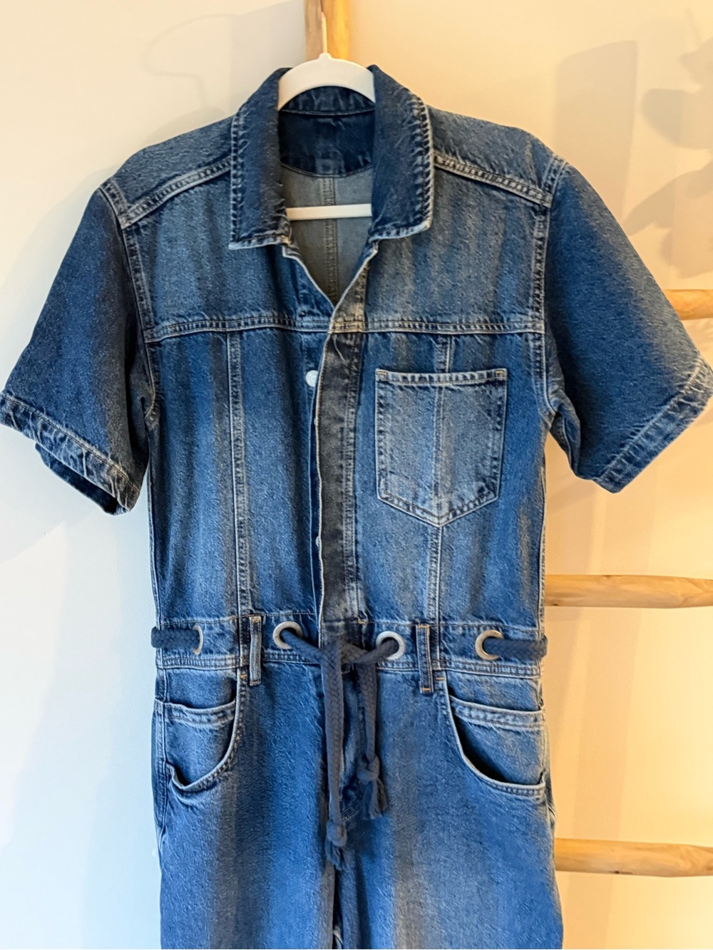Free People We The Free Edison Wide Leg Coverall Boho Cape Blue Jumpsuit M NWOT - Picture 10 of 13